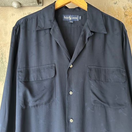 90s Ralph Lauren Open collar Silk Shirt ネイビー