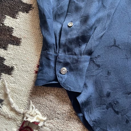 90s Ralph Lauren Open collar Silk Shirt ネイビー