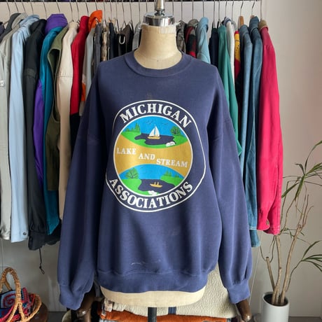 80s90s Jerzees MICHIGAN ASSOCIATIONS LAKE AND STREAM Print Sweat XL made in usa Navy