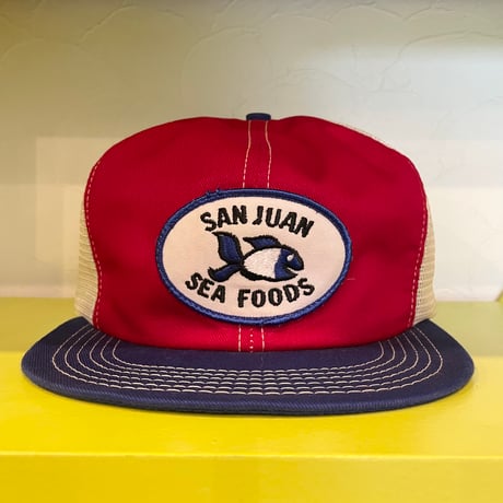 70s~ SAN JUAN SEA FOODS Mesh スナップバックCap K-PRODUCTS made in usa