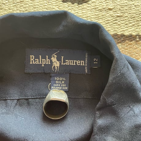 90s Ralph Lauren Open collar Silk Shirt ネイビー