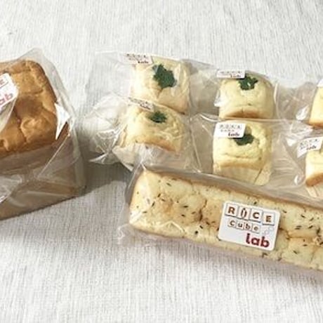 温め不要の米粉惣菜パン(豆乳マヨコーン)6個と米粉一斤食パン「大きいライスキューブパン」と米粉フォカッチャのセット