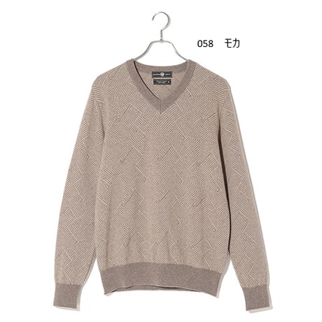 カシミヤ100％メンズ　ジャガード編みVネックセーター
