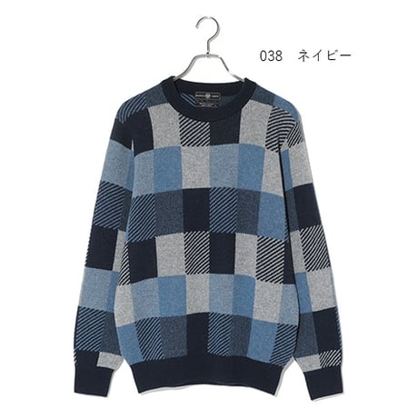 カシミヤ100％メンズ　Wジャガード編み総柄クルーネック