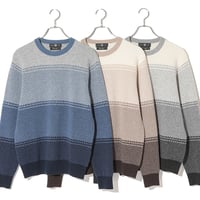 カシミヤ100％メンズ　ジャガード編みボーダー柄クルーネック