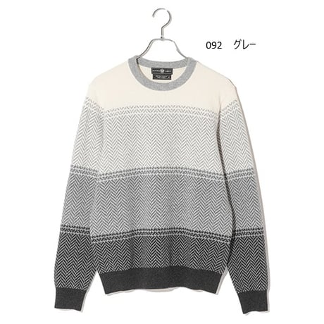 カシミヤ100％メンズ　ジャガード編みボーダー柄クルーネック
