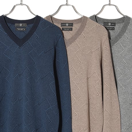 カシミヤ100％メンズ　ジャガード編みVネックセーター
