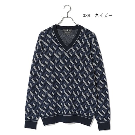 カシミヤ100％メンズ　Wジャガード編みVネックセーター