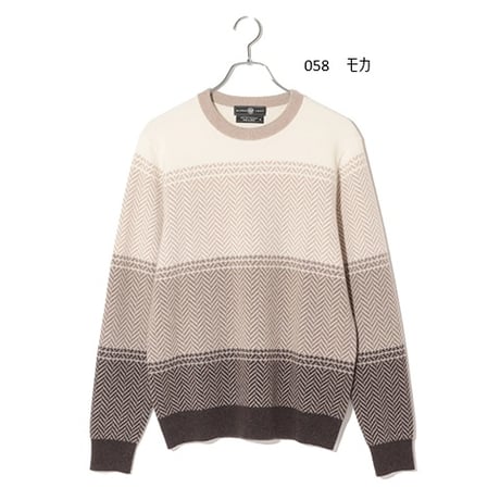 カシミヤ100％メンズ　ジャガード編みボーダー柄クルーネック