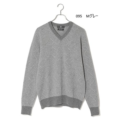 カシミヤ100％メンズ　ジャガード編みVネックセーター