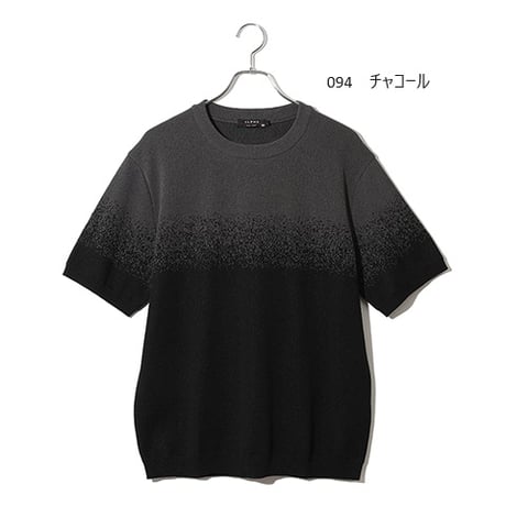 ジャガード編みクルーネック半袖ニット　和紙ポリエステル混紡糸使用