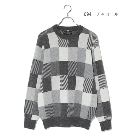 カシミヤ100％メンズ　Wジャガード編み総柄クルーネック