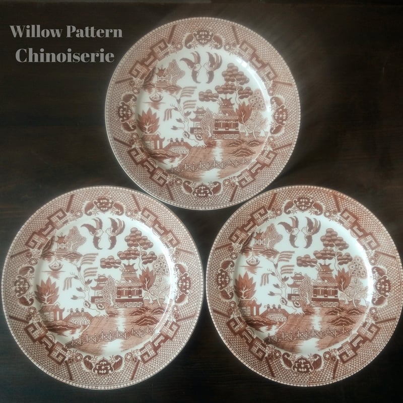 ウィローパターン シノワズリ装飾 プレート 径24cm 3客セット 1910年