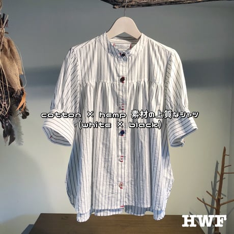 cotton × hempピンストライプギャザー5分袖シャツ (white × black)