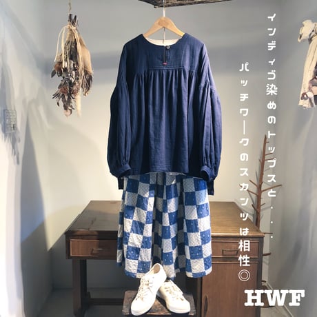 インディゴ染cottonヘリンボーンギャザースリーブプルオーバー (indigo)