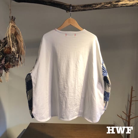 cotton度詰天竺ニットバルーンシャツスリーブクルー (white × patchwork)