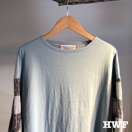 cotton度詰天竺ニットバルーンシャツスリーブクルー (light blue × patchwork)