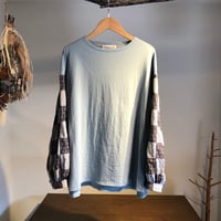 cotton度詰天竺ニットバルーンシャツスリーブクルー (light blue × patchwork)
