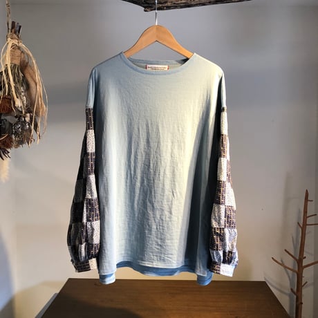 cotton度詰天竺ニットバルーンシャツスリーブクルー (light blue × patchwork)