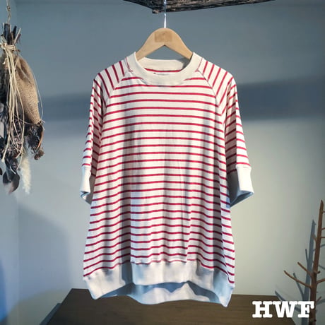 cotton天竺ニットボーダーラグランクルー (burgundy × cream)