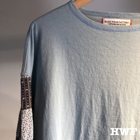 cotton度詰天竺ニットバルーンシャツスリーブクルー (light blue × patchwork)