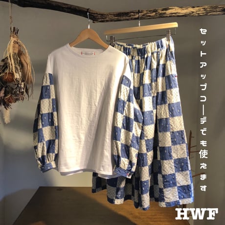cotton度詰天竺ニットバルーンシャツスリーブクルー (white × patchwork)