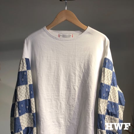 cotton度詰天竺ニットバルーンシャツスリーブクルー (white × patchwork)