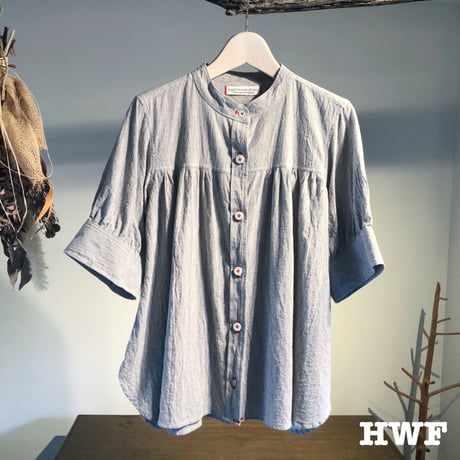 cotton × linen スペックミニストライプS/Sギャザーシャツ (indigo)