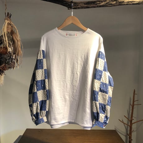 cotton度詰天竺ニットバルーンシャツスリーブクルー (white × patchwork)