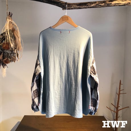 cotton度詰天竺ニットバルーンシャツスリーブクルー (light blue × patchwork)