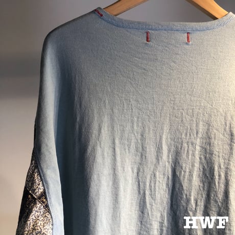 cotton度詰天竺ニットバルーンシャツスリーブクルー (light blue × patchwork)