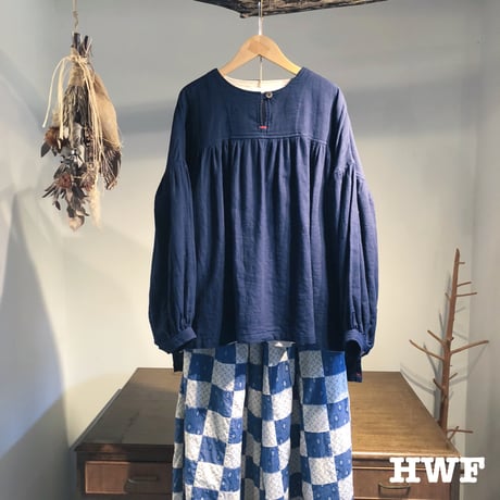 インディゴ染cottonヘリンボーンギャザースリーブプルオーバー (indigo)