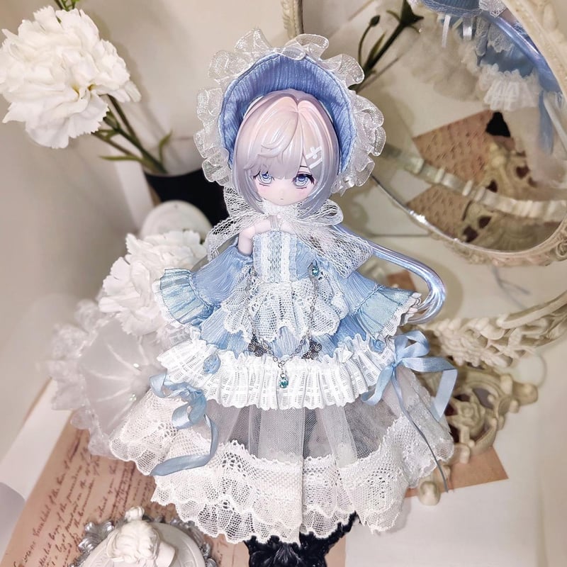 ご確認用　フラワーパーツ　単色　柄物　ドールお洋服など　簡単なのに華やか 現品販売】幾何造物 「霧青の花嫁」小型ドール向け ドール用の服 4点