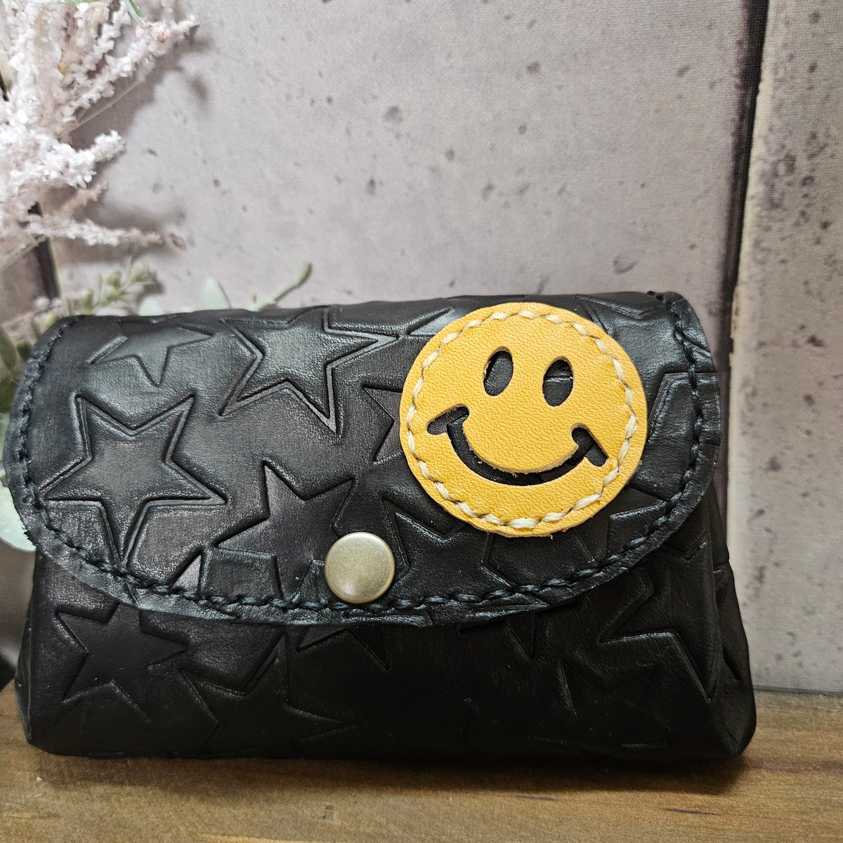 お札を折らない スマイル星柄 革 アコーディオン コンパクト財布 ミニ