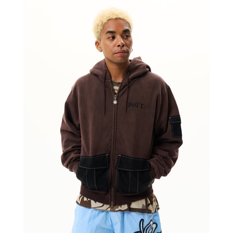 BoTT / WASHED CARGO POCKET ZIP HOODIE / BROWN