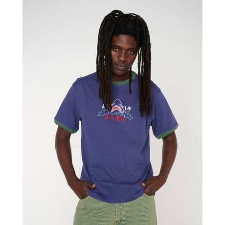BRAIN DEAD / SHARK ATTACK RINGER T-SHIRT / NAVY