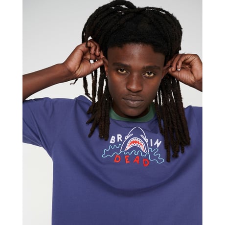 BRAIN DEAD / SHARK ATTACK RINGER T-SHIRT / NAVY
