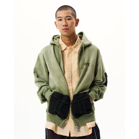 BoTT / WASHED CARGO POCKET ZIP HOODIE / OLIVE
