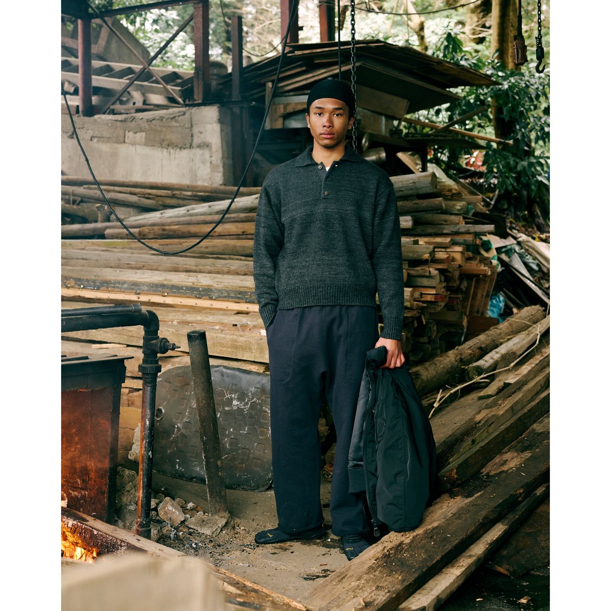 vm ヴーム ウールヘリンボーンスタンドカラージャケット ダーク