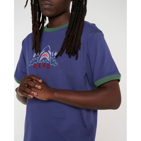 BRAIN DEAD / SHARK ATTACK RINGER T-SHIRT / NAVY