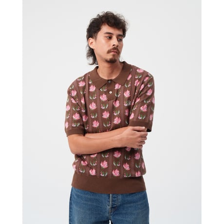 BoTT / FLOWER S/S KNIT POLO / BROWN