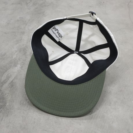 GARBAGE / SOFT BRIM 6 PANEL CAP LOW (HAPPY CHEMICALS) / OFF WHITE / ARMY GREEN BRIM (ARMY GREEN EMB)