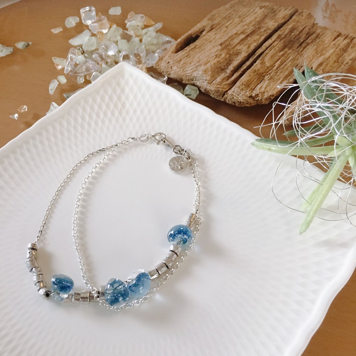 ティアドロップ・ガラス ・SV999オリジナルビーズ⭐︎ダブルチェーン