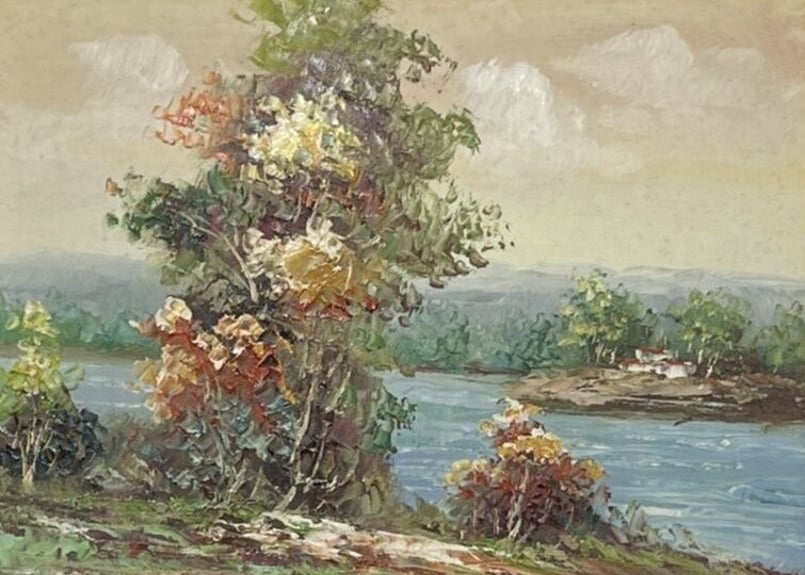 油彩　油絵　風景画　湖畔宿　鷲羽山ハイランド　JNO　額70×５８ｃｍ　2267 油彩 油絵 風景画 湖畔宿 鷲羽山ハイランド JNO 額70×58cm 2267
