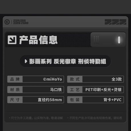 ゼンレスゾーンゼロ　miHoYo　影画シリーズ　リフレクターバッジ　特務捜査班（予約販売）
