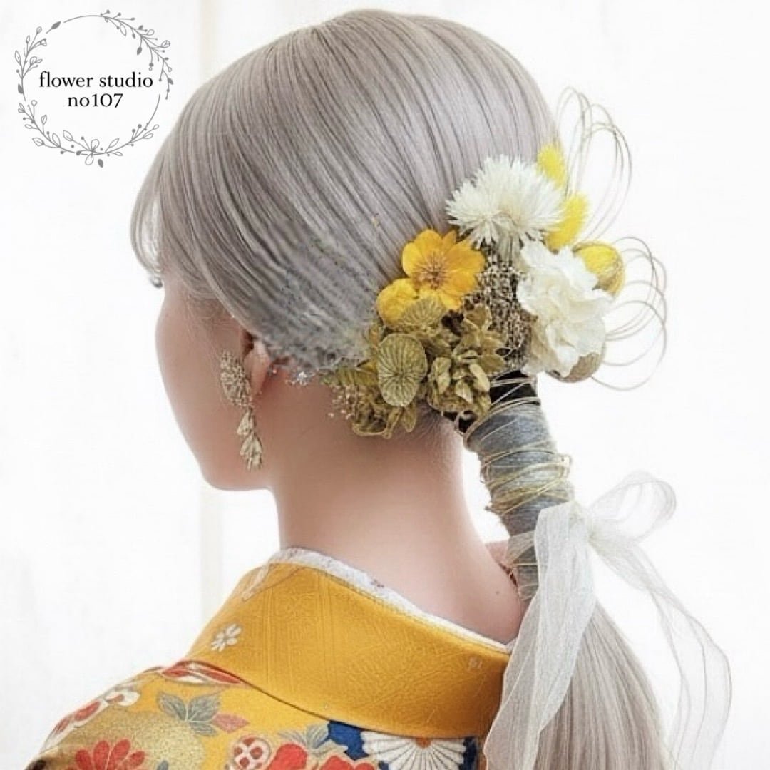 成人式髪飾り イエロー ホワイト リボンミックス 髪飾り 水引き ドライ