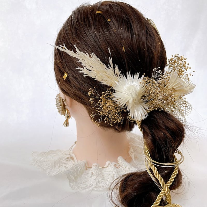 水引き髪飾り ナチュラルカラー 水引髪飾り ホワイト×ゴールド 編み