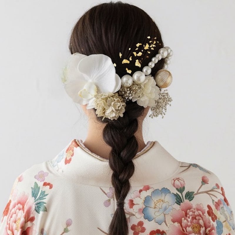 胡蝶蘭髪飾り ホワイト ランダムパールチェーン 金箔シート付 ヘッド