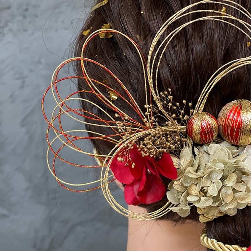 ヘッドドレス～ミニアネモネのレッドピンク和玉水引金箔style～髪飾り ヘッドドレス～ミニアネモネのレッドピンク和玉水引金箔style～髪飾り