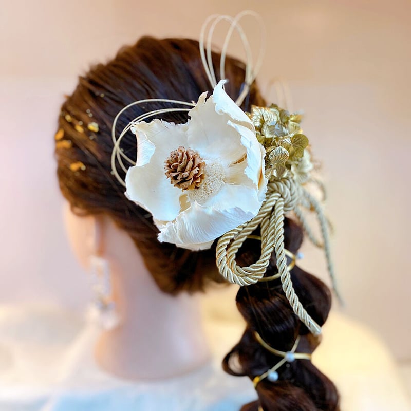 水引き髪飾り ナチュラルカラー 水引髪飾り ホワイト×ゴールド 編み
